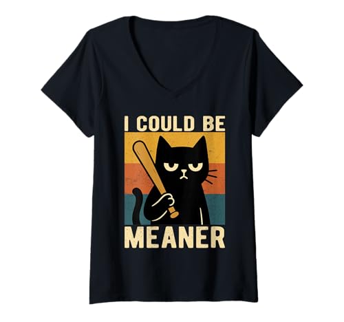 Damen I Could Be Meaner Angry Cat Baseballschläger Design T-Shirt mit V-Ausschnitt Damen I Could Be Meaner Angry Cat Baseballschläger Design T-Shirt mit V-Ausschnitt von Sarcastic Cat Attitude Retro Designs