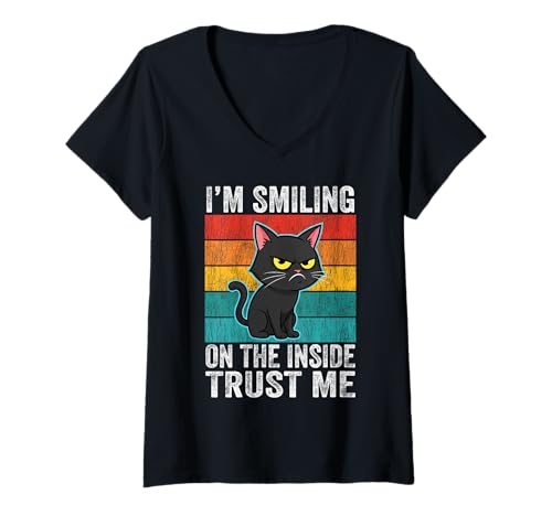 Damen I'm Smiling On The Inside Trust Me Katzen-Humor T-Shirt mit V-Ausschnitt Damen I'm Smiling On The Inside Trust Me Katzen-Humor T-Shirt mit V-Ausschnitt von Sarcastic Cat Attitude Retro Designs