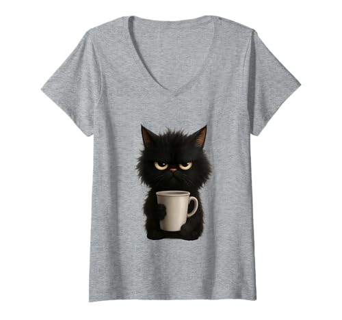 Damen Kaffeetasse, Motiv Grumpy Black Cat, Morgenstimmung T-Shirt mit V-Ausschnitt von Sarcastic Cat Lovers and Coffee Attitude Apparel