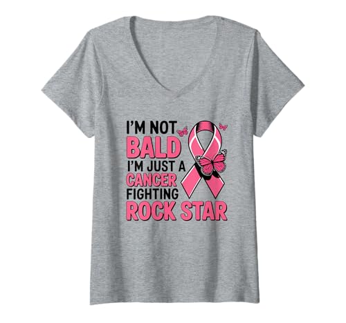 Damen Brustkrebsbekämpfer Pink Ribbon Rockstar Glatzenkopf T-Shirt mit V-Ausschnitt Damen Brustkrebsbekämpfer Pink Ribbon Rockstar Glatzenkopf T-Shirt mit V-Ausschnitt von Sarcastic Chemo Chic Breast Cancer Warrior