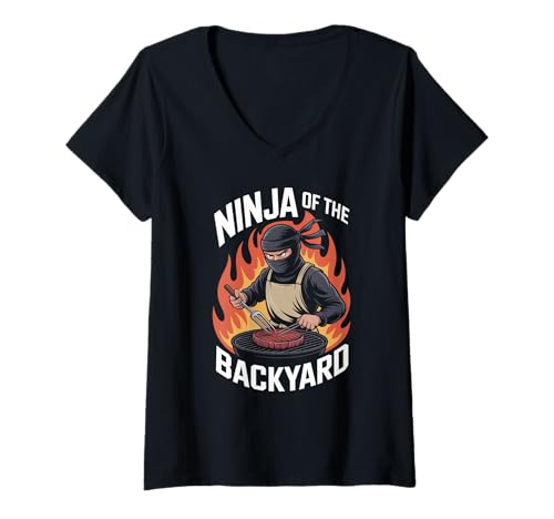 Damen Lustiger Ninja of The Backyard Spruch BBQ Humor Grill Damen Herren T-Shirt mit V-Ausschnitt von Sarcastic Cookout Chef Meat Smoker Barbecue Dad