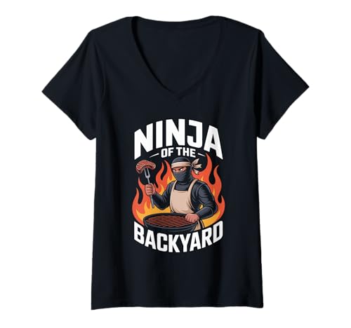 Damen Lustiger Ninja of The Backyard Spruch BBQ Humor Grill Damen Herren T-Shirt mit V-Ausschnitt von Sarcastic Cookout Chef Meat Smoker Barbecue Dad