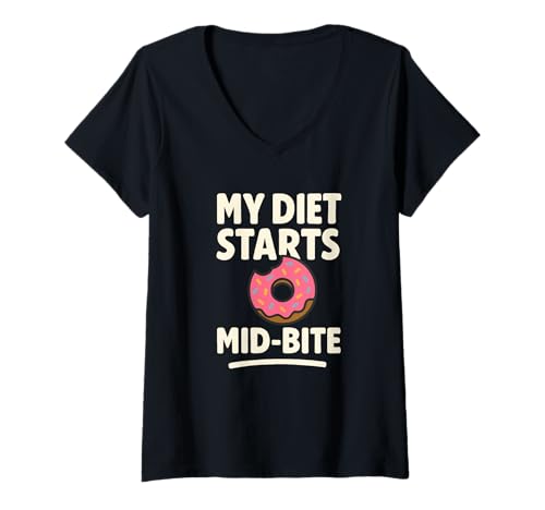 Damen My Diet Starts Mid-Bite Lustiges Donut-Zitat T-Shirt mit V-Ausschnitt Damen My Diet Starts Mid-Bite Lustiges Donut-Zitat T-Shirt mit V-Ausschnitt von Sarcastic Food Lovers Apparel Co.