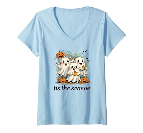 Damen Tis The Season Halloween Geister Kürbisse Fledermäuse Spinnen Spaß T-Shirt mit V-Ausschnitt Damen Tis The Season Halloween Geister Kürbisse Fledermäuse Spinnen Spaß T-Shirt mit V-Ausschnitt von Sarcastic Funny Counting Days Til Halloween CLR