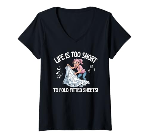 Damen Life is Too Short to Fold Spannbettlaken Crazy Driven Fun T-Shirt mit V-Ausschnitt Damen Life is Too Short to Fold Spannbettlaken Crazy Driven Fun T-Shirt mit V-Ausschnitt von Sarcastic Funny Cute Playful Housework Humor CLR