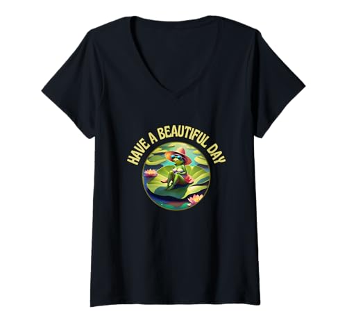 Damen Krötenhut „Have A Beautiful Day“, Farbnuancen, Selbstbewusstsein, Spaß T-Shirt mit V-Ausschnitt Damen Krötenhut „Have A Beautiful Day“, Farbnuancen, Selbstbewusstsein, Spaß T-Shirt mit V-Ausschnitt von Sarcastic Funny Female Frog Sun Soaking CLR