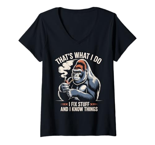 Damen Lustiges Sprichwort Ich weiß Dinge Sarkasmus Gag Pun Gorilla Damen Herren T-Shirt mit V-Ausschnitt von Sarcastic Handyman Repair Joke Retro Ape Humor