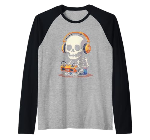 Lustiges Pixel Skelett Gamer Retro Gaming Humor Damen Herren Raglan von Sarcastic Headphones Controller Arcade Geek Joke