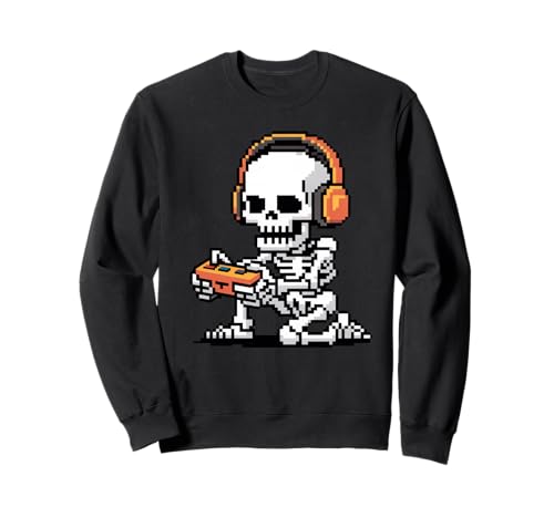 Lustiges Pixel Skelett Gamer Retro Gaming Humor Damen Herren Sweatshirt von Sarcastic Headphones Controller Arcade Geek Joke