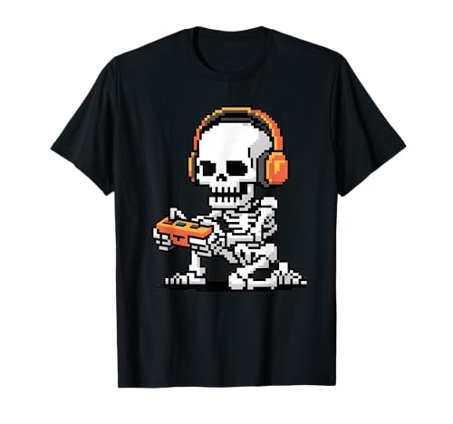 Lustiges Pixel Skelett Gamer Retro Gaming Humor Damen Herren T-Shirt von Sarcastic Headphones Controller Arcade Geek Joke