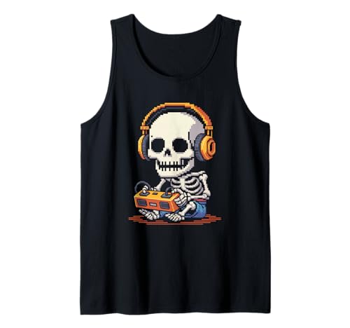 Lustiges Pixel Skelett Gamer Retro Gaming Humor Damen Herren Tank Top von Sarcastic Headphones Controller Arcade Geek Joke