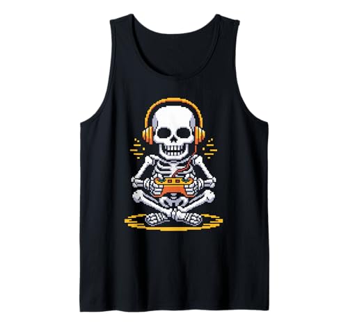 Lustiges Pixel Skelett Gamer Retro Gaming Humor Damen Herren Tank Top von Sarcastic Headphones Controller Arcade Geek Joke