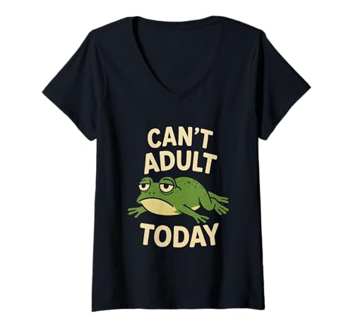 Damen Lustiger Fauler Frosch Cartoon Retro Comic Kunst T-Shirt mit V-Ausschnitt von Sarcastic Humor Frog Mood Vibes