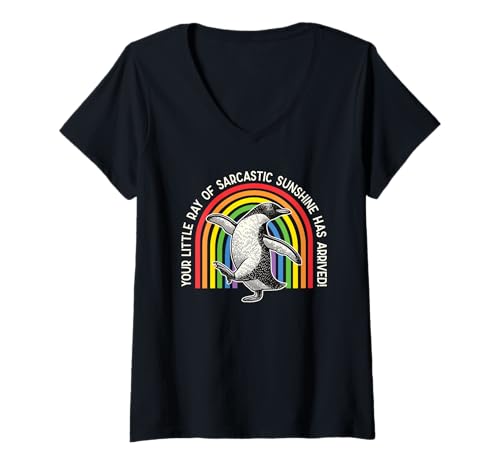 Damen Dein Kleiner sarkastischer Sonnenstrahl ist da Pinguin T-Shirt mit V-Ausschnitt von Sarcastic Humor Vintage Rainbow Penguin