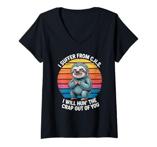 Damen Lustiges Faultier Spruch I Suffer from CHS Retro Humor Damen Herren T-Shirt mit V-Ausschnitt von Sarcastic Lazy Animal Joke Vintage Sloth Lovers