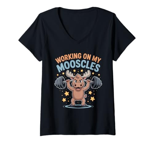 Damen Funny Working On My Mooscles Saying Elch Gym Humor T-Shirt mit V-Ausschnitt von Sarcastic Moose Joke Retro Weightlifting Fun Gag