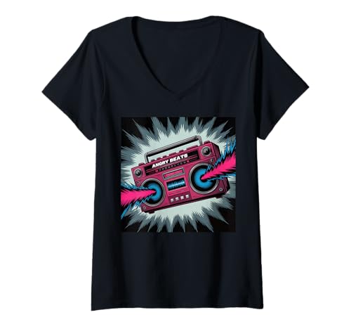 Damen Happy Music Band Graphic Wütende Frauenmusik für glückliche Menschen T-Shirt mit V-Ausschnitt von Sarcastic Music Country Music shirts for Men