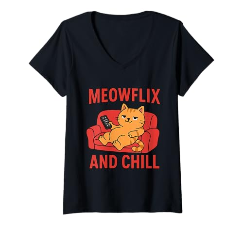 Damen Meowflix and Chill Lustiges Katzen-Design T-Shirt mit V-Ausschnitt von Sarcastic Pet Owner