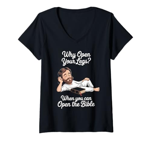Damen Funny Open The Bible Christian Faith Humor Spruch Erwachsene Witz T-Shirt mit V-Ausschnitt von Sarcastic Religious Jesus Believer Spiritual