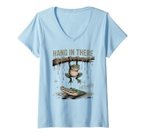 Damen Lustiger Frosch zum Aufhängen in There Humor Shirt mit Alligator unten T-Shirt mit V-Ausschnitt Damen Lustiger Frosch zum Aufhängen in There Humor Shirt mit Alligator unten T-Shirt mit V-Ausschnitt von Sarcastic Reptile Frog Joke Humor Apparel Co.