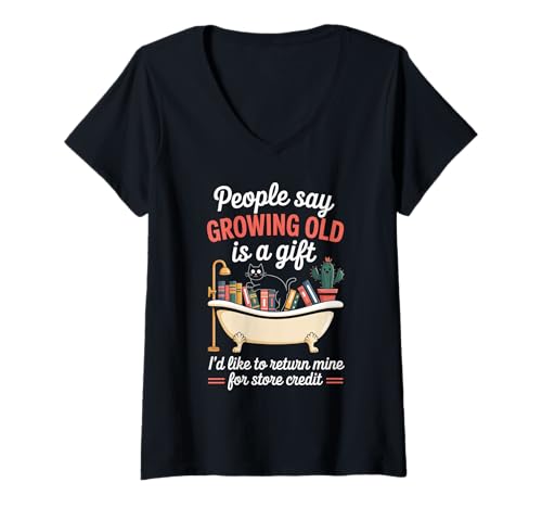 Damen Lustiger Alterungswitz Growing Old Return Cat Tub Witz Damen Herren T-Shirt mit V-Ausschnitt von Sarcastic Retirement Humor for Book Lovers Sarcasm