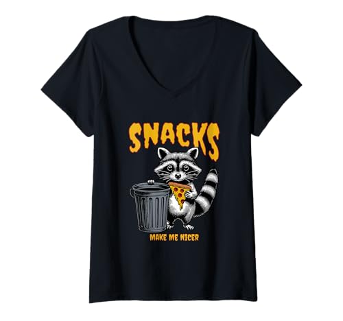 Damen Snacks Make Me Nicer Waschbär Tier Lustiger Pizzaliebhaber T-Shirt mit V-Ausschnitt Damen Snacks Make Me Nicer Waschbär Tier Lustiger Pizzaliebhaber T-Shirt mit V-Ausschnitt von Sarcastic Sayings Racoon Snack