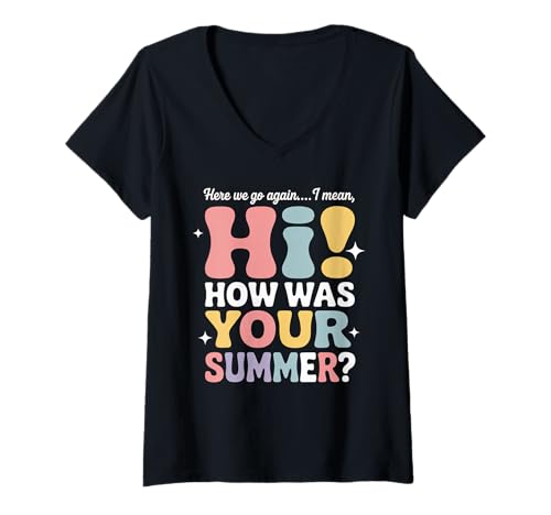 Damen Wie war Dein lustiger Sommerlehrer zum Schulanfang? Retro-Humor T-Shirt mit V-Ausschnitt Damen Wie war Dein lustiger Sommerlehrer zum Schulanfang? Retro-Humor T-Shirt mit V-Ausschnitt von Sarcastic School Vibes