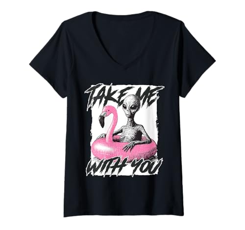 Damen Alien Flamingo Pool Float, lustige sarkastische UFO-Kunst T-Shirt mit V-Ausschnitt Damen Alien Flamingo Pool Float, lustige sarkastische UFO-Kunst T-Shirt mit V-Ausschnitt von Sarcastic Sci-Fi Supply