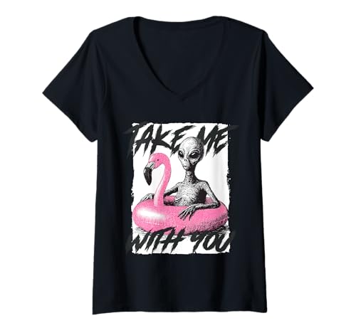 Damen Lustiges Alien in Flamingo Float Nimm mich mit Sarkastisch T-Shirt mit V-Ausschnitt Damen Lustiges Alien in Flamingo Float Nimm mich mit Sarkastisch T-Shirt mit V-Ausschnitt von Sarcastic Sci-Fi Supply