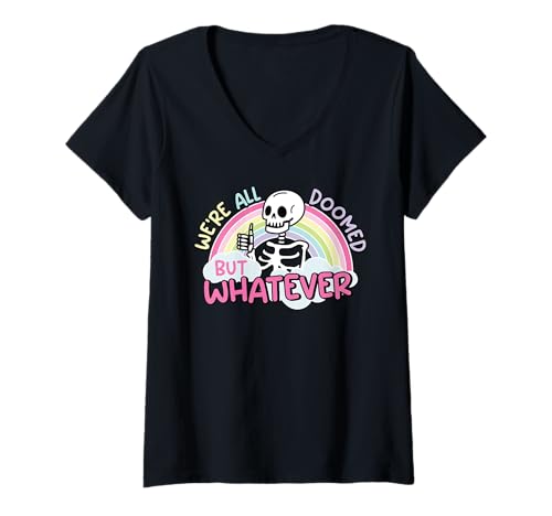 Damen We're All Doomed But Whatever Skelett Rainbow Funny Humor T-Shirt mit V-Ausschnitt Damen We're All Doomed But Whatever Skelett Rainbow Funny Humor T-Shirt mit V-Ausschnitt von Sarcastic Skeleton Rainbow Humor Graphic Apparel