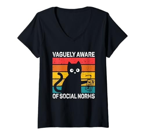 Damen Vage bewusst über soziale Normen Lustiges introvertiertes Humor-Katzen-Meme T-Shirt mit V-Ausschnitt von Sarcastic Social Norms Self-aware Awkward Behavior