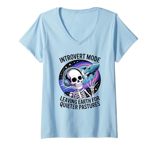 Damen Lustiges Skelett Raumschiff Antisoziale Weltraumreise Humor T-Shirt mit V-Ausschnitt von Sarcastic Space Squad UFO Skeleton Introvert Vibes