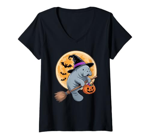 Damen Lustiges Halloween Seekuh Hexenkostüm Humor Spruch T-Shirt mit V-Ausschnitt von Sarcastic Spooky Animal Pumpkin Trick Treat Joke