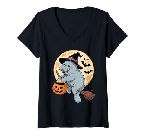 Damen Lustiges Halloween Seekuh Hexenkostüm Humor Spruch T-Shirt mit V-Ausschnitt von Sarcastic Spooky Animal Pumpkin Trick Treat Joke