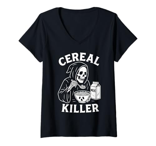 Damen Getreidevernichter Lustiger Sensenmann Low Budget Halloween T-Shirt mit V-Ausschnitt Damen Getreidevernichter Lustiger Sensenmann Low Budget Halloween T-Shirt mit V-Ausschnitt von Sarcastic Spooky Cereal Killer Funny Dark Humor