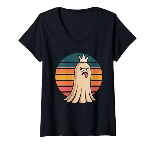 Damen Lustige Wütende Geisterkrone, Retro-Sonnenuntergang, Halloween, Humor Spruch T-Shirt mit V-Ausschnitt von Sarcastic Spooky Spirit Royal King Costume Joke
