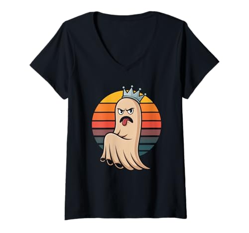 Damen Lustige Wütende Geisterkrone, Retro-Sonnenuntergang, Halloween, Humor Spruch T-Shirt mit V-Ausschnitt von Sarcastic Spooky Spirit Royal King Costume Joke