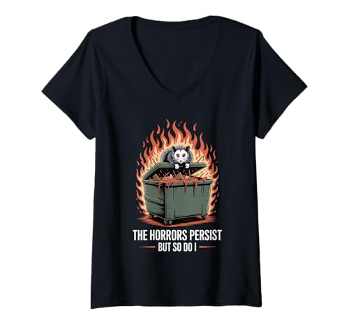 Damen Lustiger Possum-Müllcontainer mit Spruch Die Horrors Persist Witz T-Shirt mit V-Ausschnitt Damen Lustiger Possum-Müllcontainer mit Spruch Die Horrors Persist Witz T-Shirt mit V-Ausschnitt von Sarcastic Survival Meme Opossum Chaos Lovers Gag