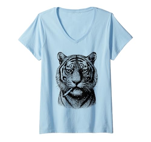 Damen Lustiger Tiger rauchende Zigarette Katze Tier Smoker Meme T-Shirt mit V-Ausschnitt Damen Lustiger Tiger rauchende Zigarette Katze Tier Smoker Meme T-Shirt mit V-Ausschnitt von Sarcastic Tough Animals Smoking Apparel