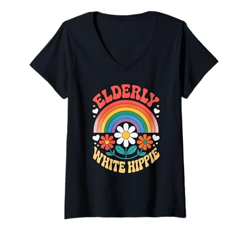 Damen Lustiger weißer Hippie-Retro-Retro-Regenbogen-Humor für Damen und Herren T-Shirt mit V-Ausschnitt Damen Lustiger weißer Hippie-Retro-Retro-Regenbogen-Humor für Damen und Herren T-Shirt mit V-Ausschnitt von Sarcastic Vintage Flower Power Peace Joke Dad Mom