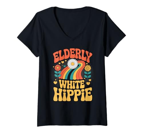 Damen Lustiger weißer Hippie-Retro-Retro-Regenbogen-Humor für Damen und Herren T-Shirt mit V-Ausschnitt Damen Lustiger weißer Hippie-Retro-Retro-Regenbogen-Humor für Damen und Herren T-Shirt mit V-Ausschnitt von Sarcastic Vintage Flower Power Peace Joke Dad Mom