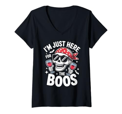 Damen Lustiges I'm Just Here for The Boos Skelett Halloween Spruch T-Shirt mit V-Ausschnitt Damen Lustiges I'm Just Here for The Boos Skelett Halloween Spruch T-Shirt mit V-Ausschnitt von Sarcastic Wine Drinking Party Spooky Ghost Joke