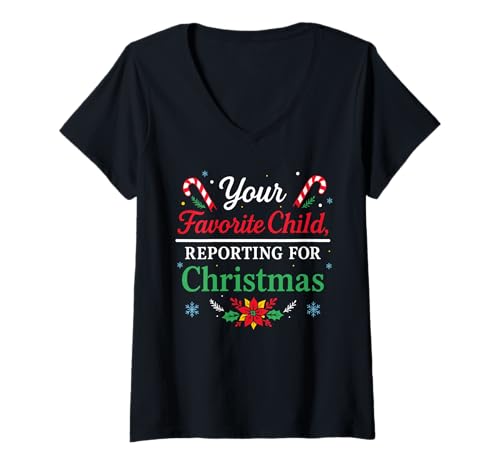 Damen Lustiger Lieblingskind-Humor Weihnachtspyjama Weihnachten T-Shirt mit V-Ausschnitt Damen Lustiger Lieblingskind-Humor Weihnachtspyjama Weihnachten T-Shirt mit V-Ausschnitt von Sarcastic Xmas PJ Family Humor Matching Design