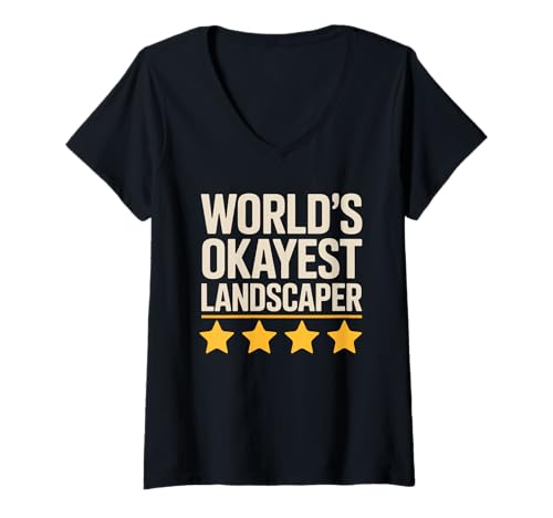Damen Funny Worlds Okayest Landschaftsgestalter Spruch Four Star Humor T-Shirt mit V-Ausschnitt von Sarcastic Yard Crew Lawn Worker Outdoor Garden