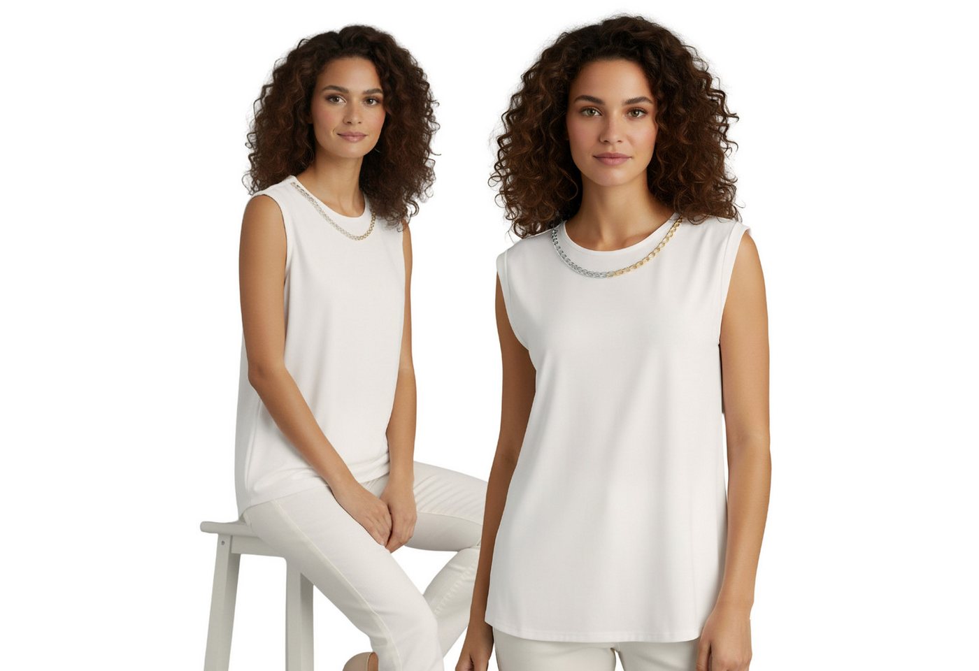 Sarcia.eu Blusentop Cremefarbene, ELEGANTE ärmellose Damenbluse mit ZIERKETTE von Sarcia.eu