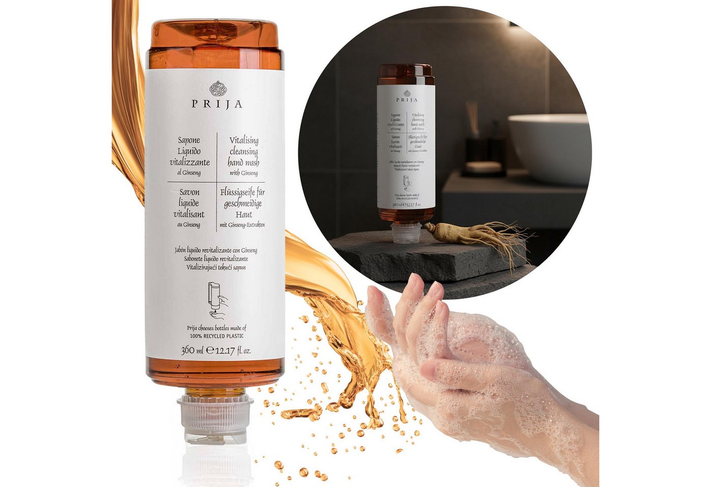 Sarcia.eu Flüssigseife PRIJA Flüssigseife mit Ginseng-Extrakt, Nachfüllpackung, VEGAN 360 ml, 1-tlg. von Sarcia.eu