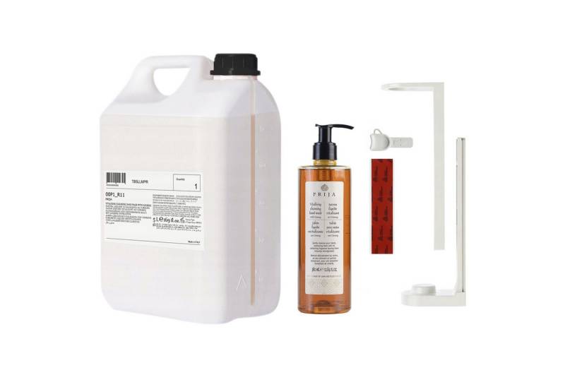 Sarcia.eu Flüssigseife PRIJA-Set:weißer Flaschenhalter,Flüssigseife,Ginseng 380ml+5l Vorrat von Sarcia.eu