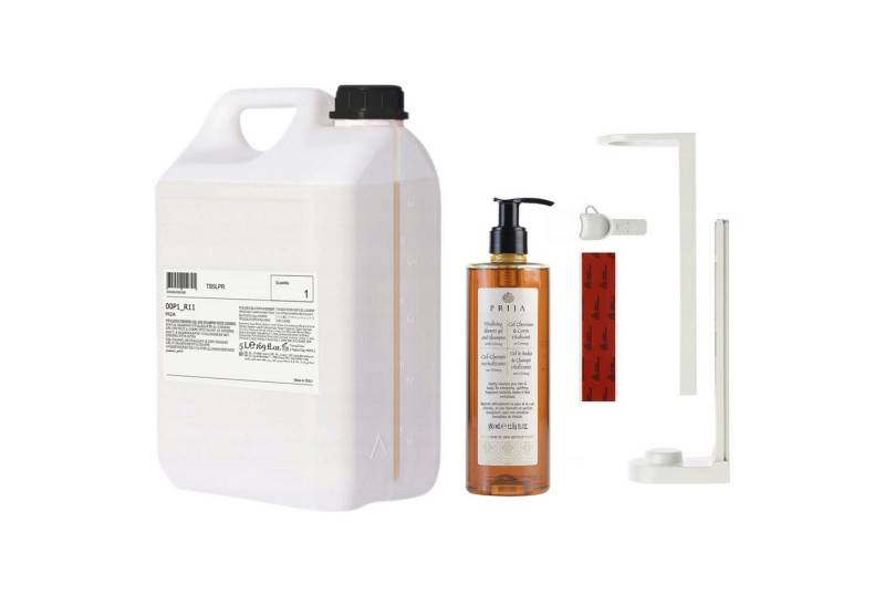 Sarcia.eu Gelshampoo PRIJA-Set: weißer Flaschenhalter, 380ml Shampoo/Duschgel + 5l Vorrat von Sarcia.eu