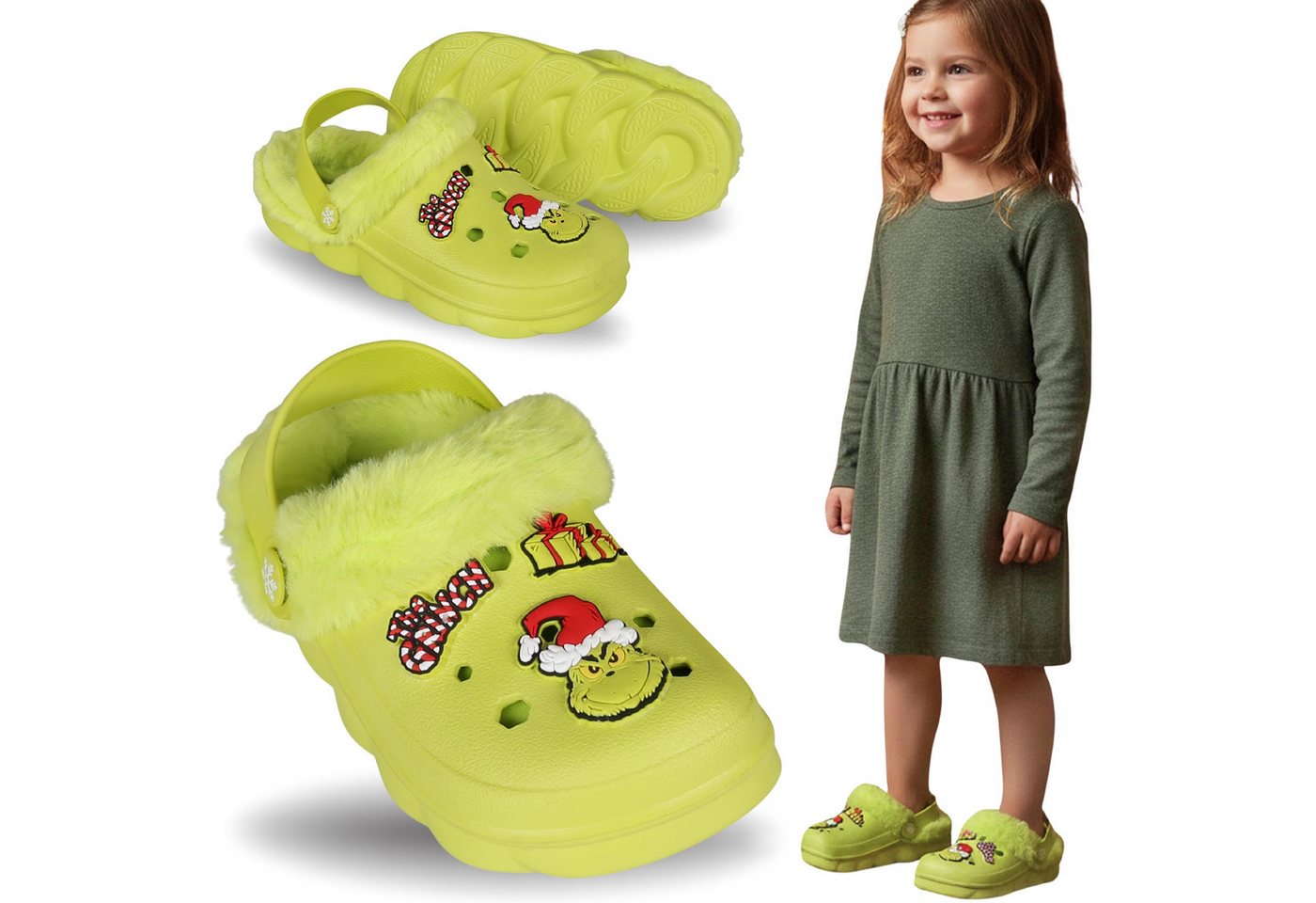 Sarcia.eu Grinch Grüne Kinderclogs, ISOLIERTE, WEIHNACHTS mit Fell 24 EU Hausstiefel von Sarcia.eu