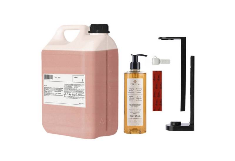 Sarcia.eu Haarshampoo PRIJA Set: schwarzer Flaschenhalter, 380ml Rucola-Shampoo + 5l Vorrat von Sarcia.eu